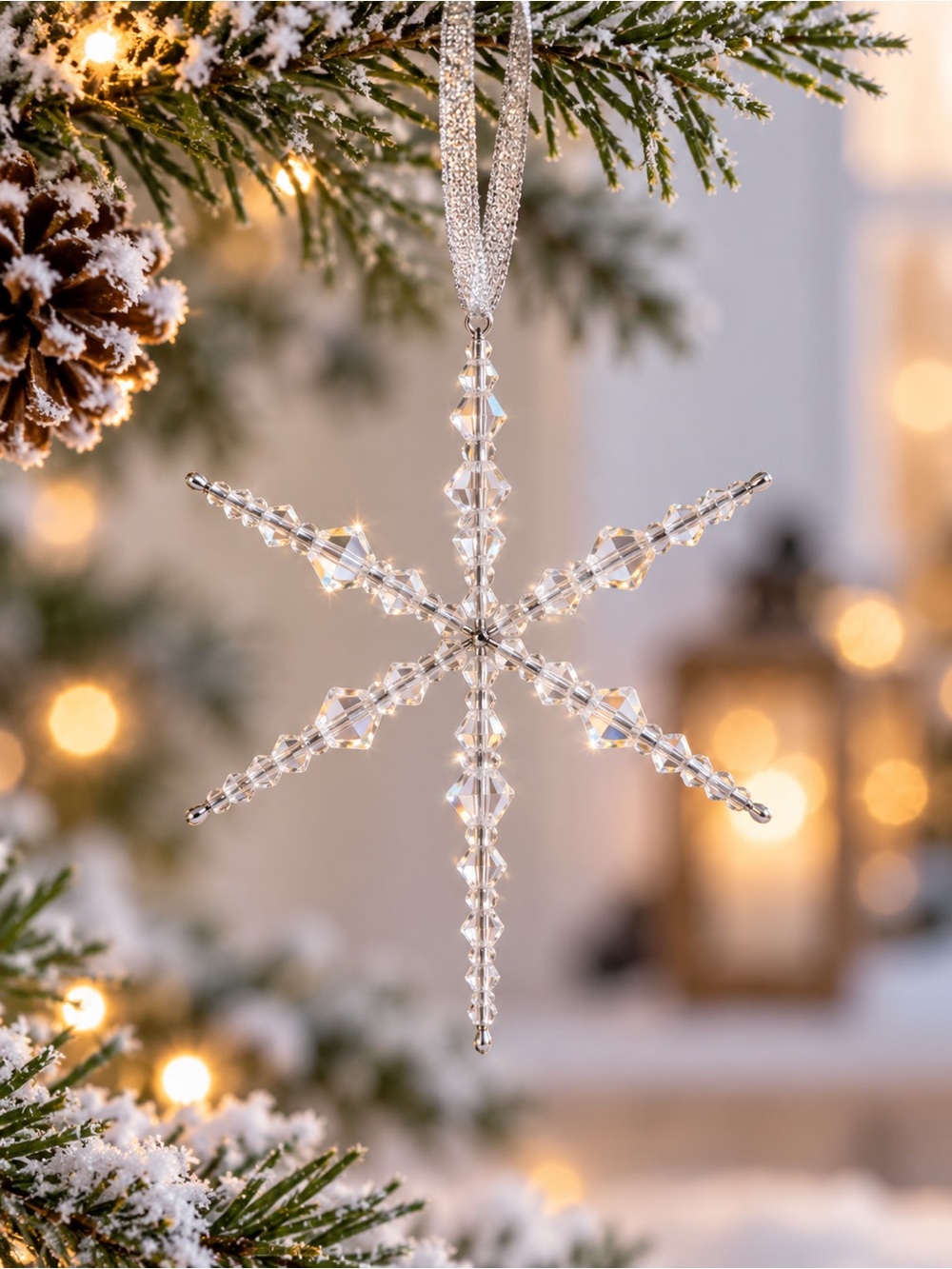 Glass Beaded Snowflake Christmas Ornament Sparkling Winter Window Charm Handmade